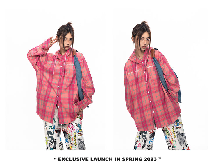BLACKBB Plaid Embroidered Pink Breasted Loose Couple Shirt