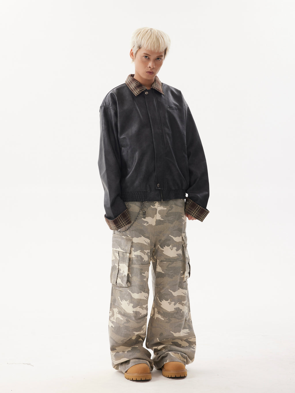 BTSG Lapel Plaid Panel Leather Jacket
