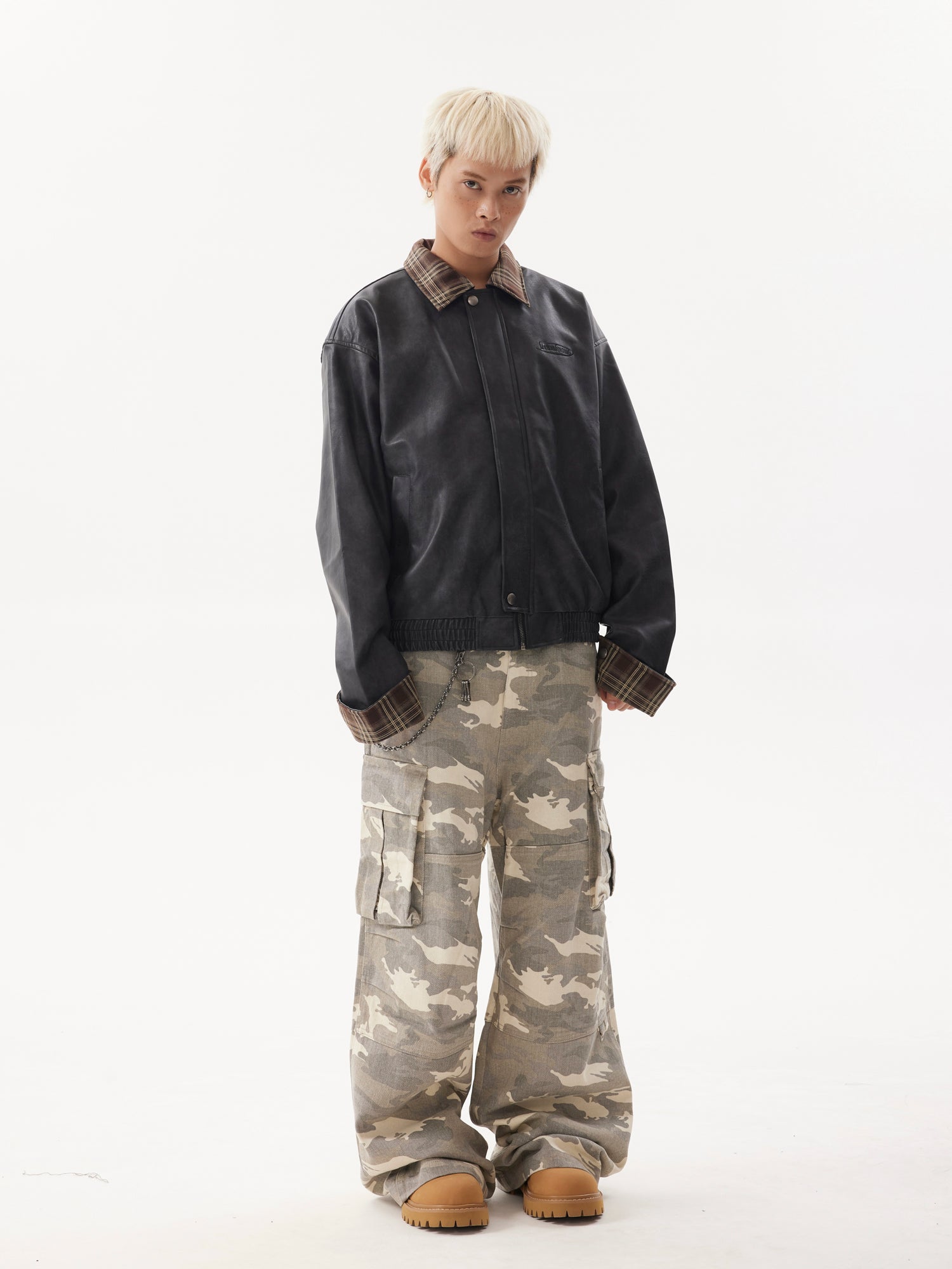 BTSG Lapel Plaid Panel Leather Jacket