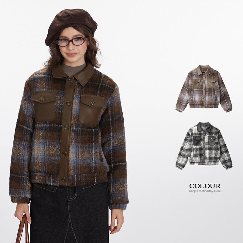 Nariele Retro American Vintage PU Leather Short Plaid Cotton Jackets