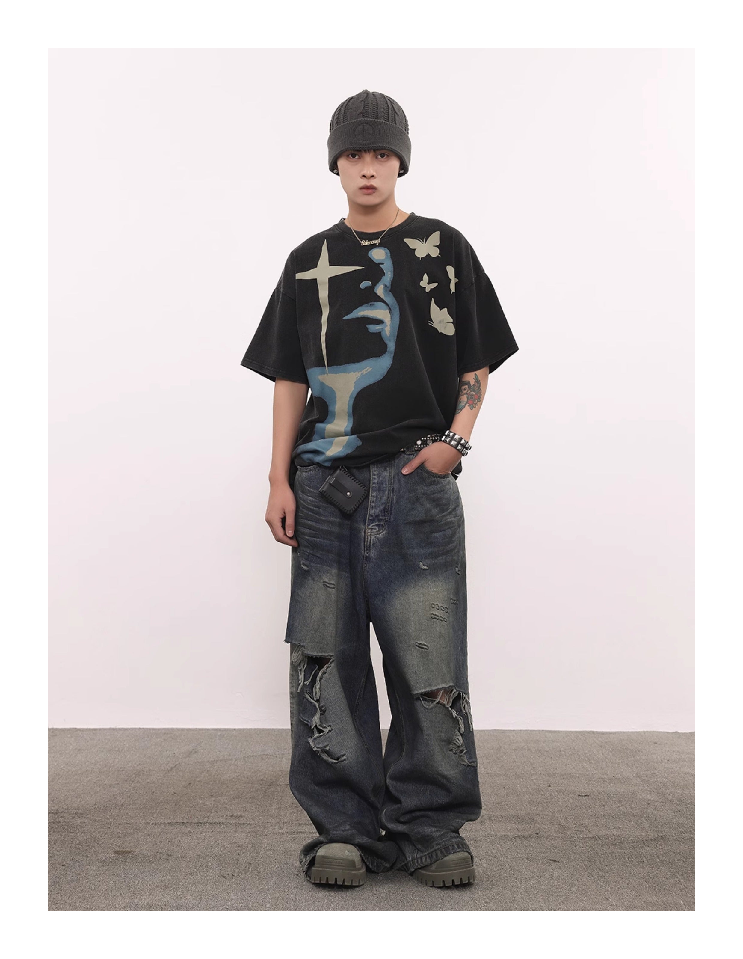 BTSG 270g Breathable Abstract Face Profile Cross Butterflies Retro Washed Cotton Tee