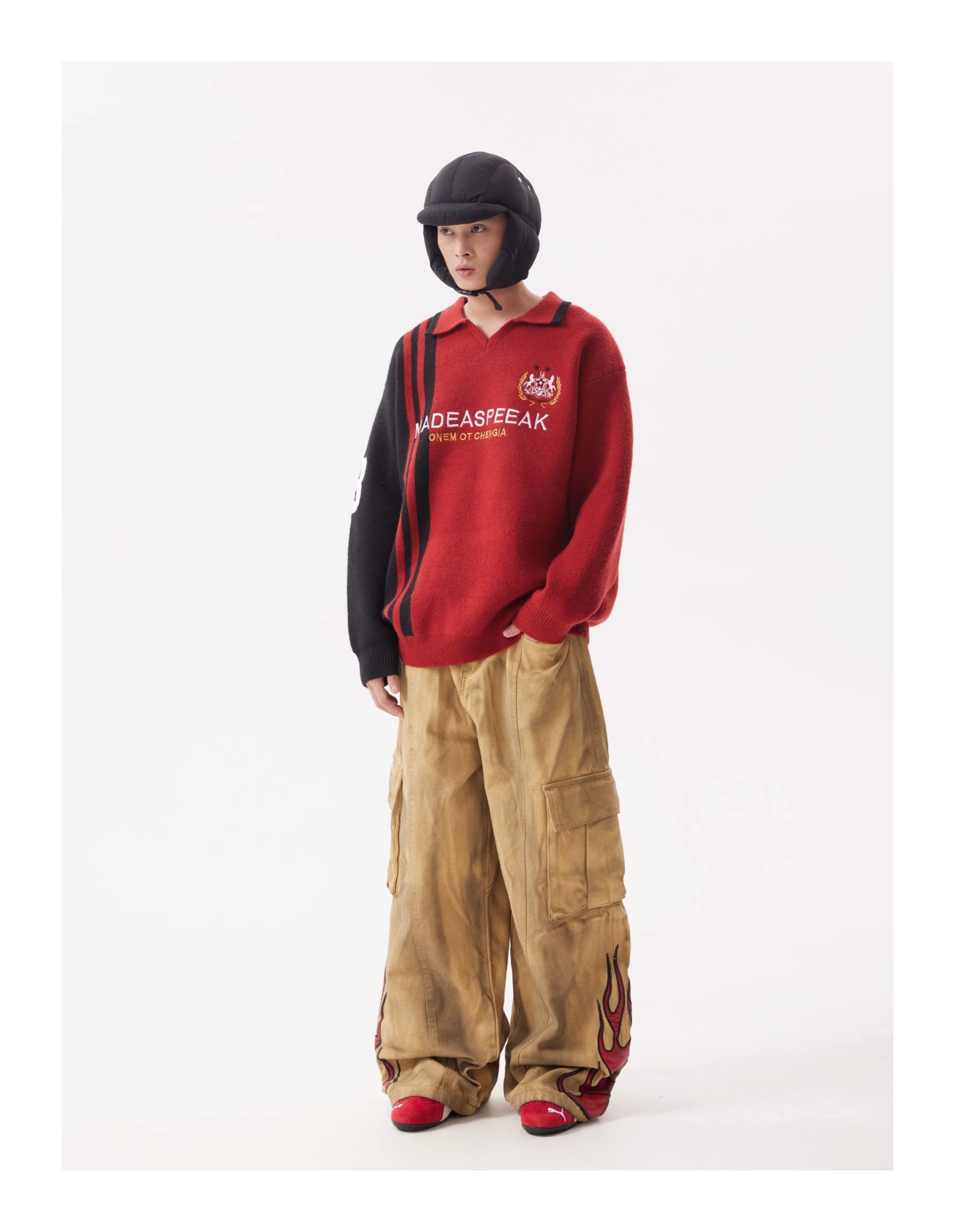 BTSG Leather Flame Embroidery wide-leg dirty jeans