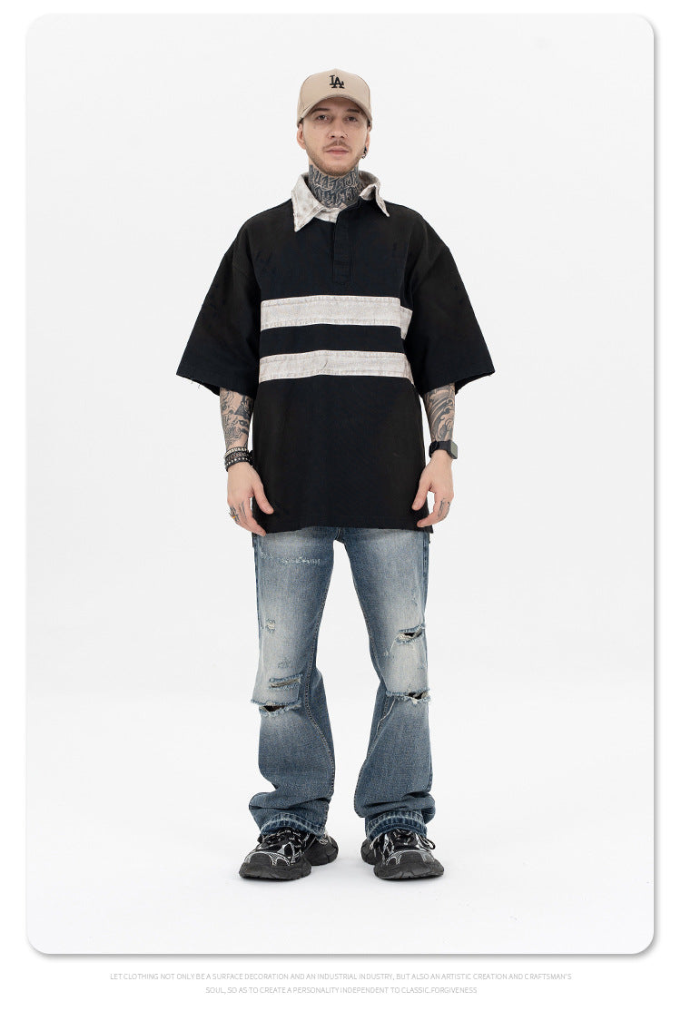 FORGIVNESS Distressed Polo Dirty Dye Lapel Silhouette Double Short Sleeve Tee