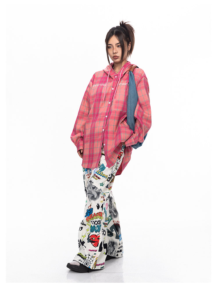 BLACKBB Plaid Embroidered Pink Breasted Loose Couple Shirt
