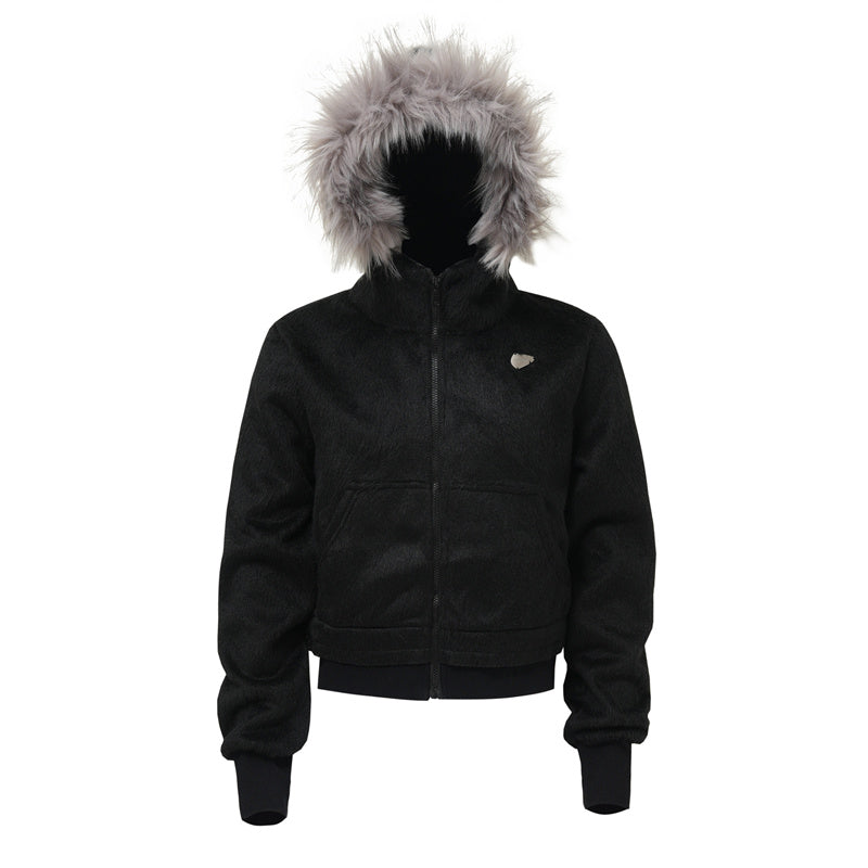 BTSG Faux Mink Fur Collar Cropped Hoodie