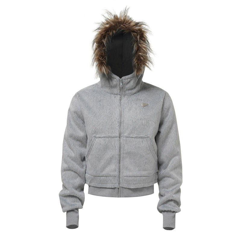 BTSG Faux Mink Fur Collar Cropped Hoodie