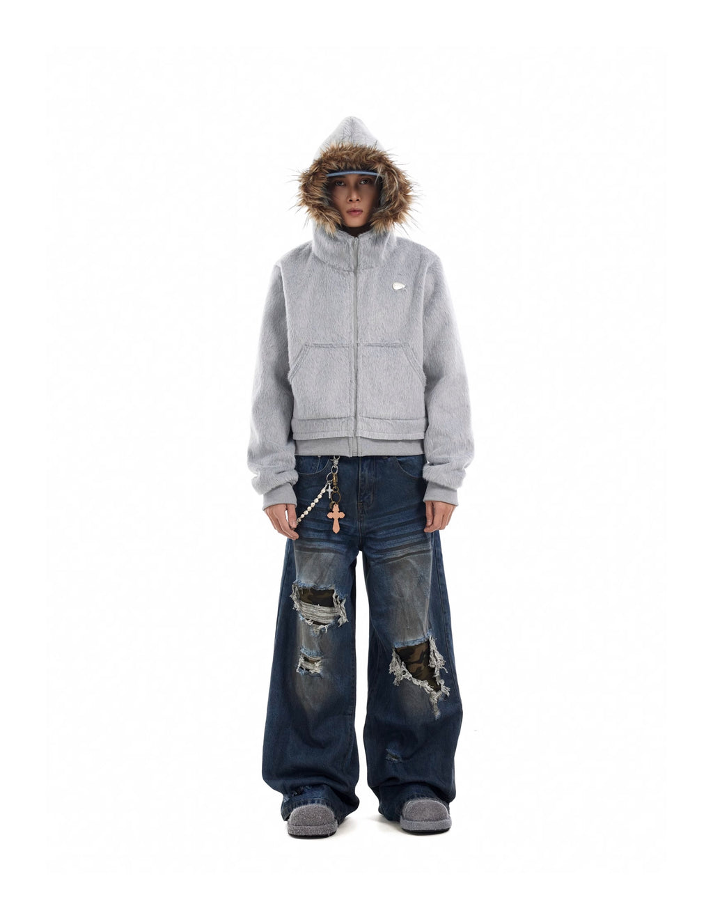 BTSG Faux Mink Fur Collar Cropped Hoodie