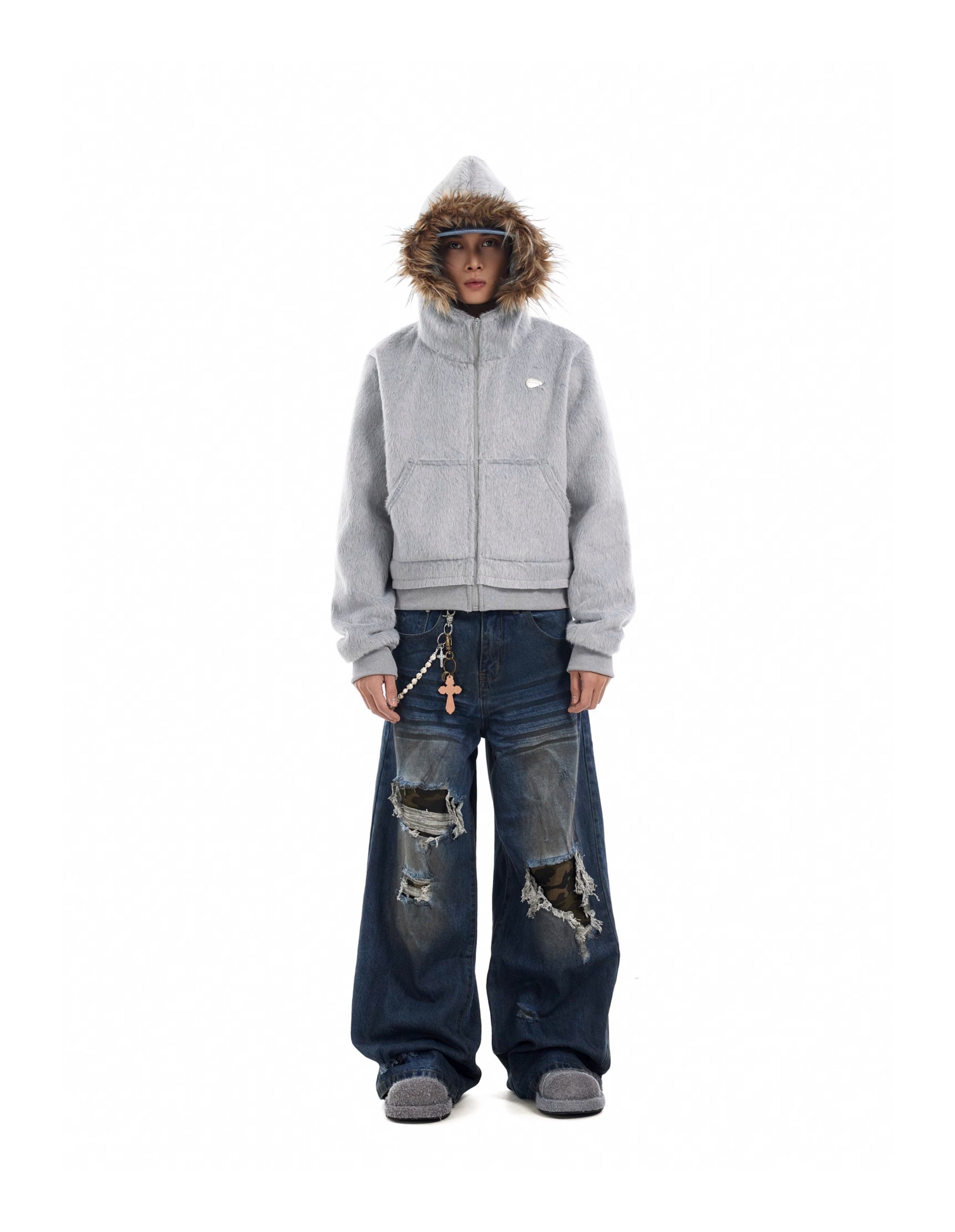 BTSG Faux Mink Fur Collar Cropped Hoodie