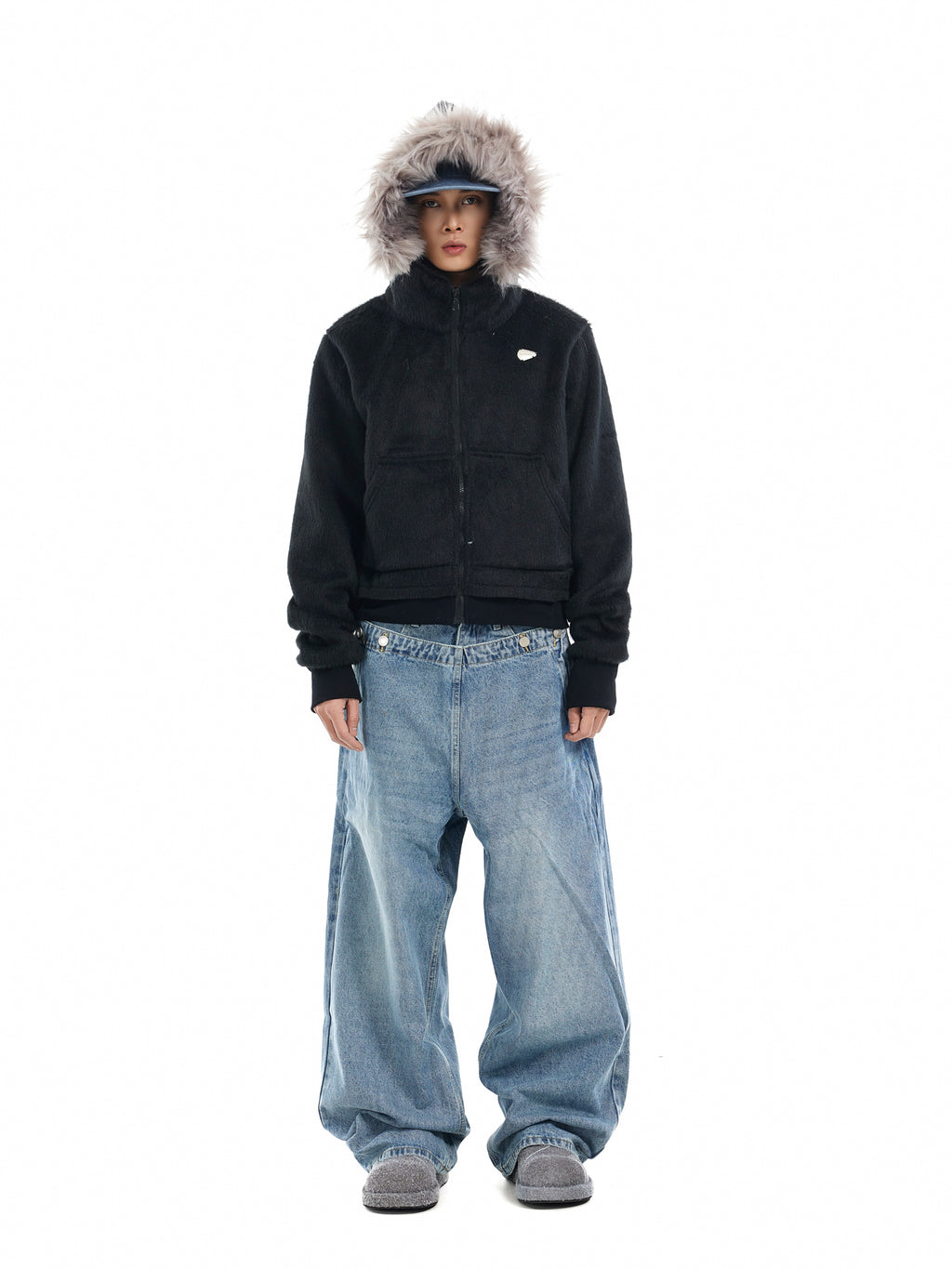 BTSG Faux Mink Fur Collar Cropped Hoodie