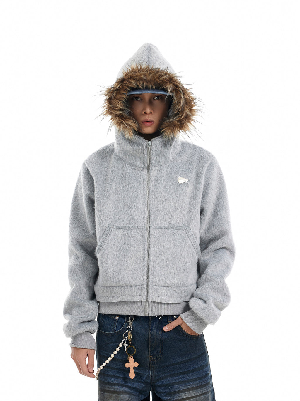BTSG Faux Mink Fur Collar Cropped Hoodie