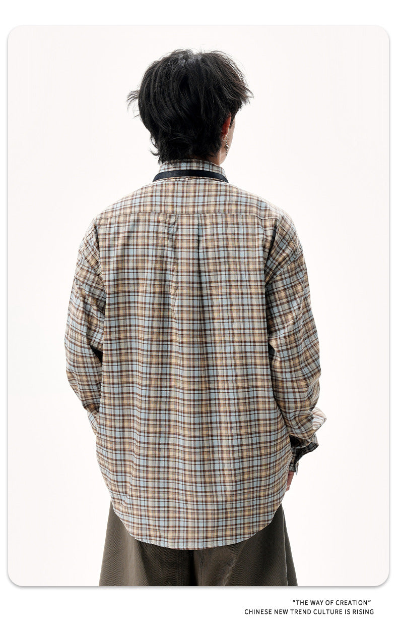 11KN Korean check design sense misplaced pocket Shirt