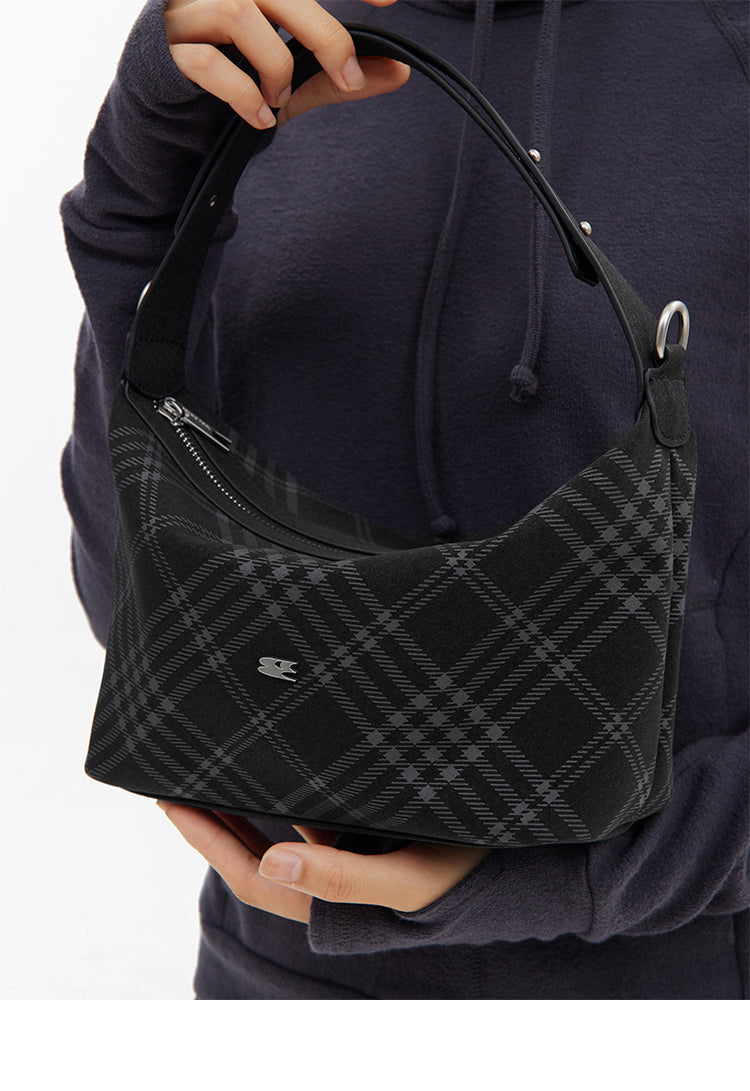 CryingCenter Black Faux Felt Check Tote Crossbody Bag