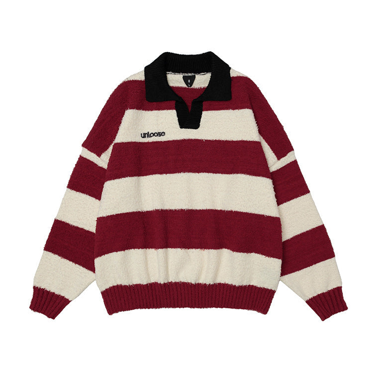 OVDY retro embroidery polo stripe couple knitted top heavy sweater