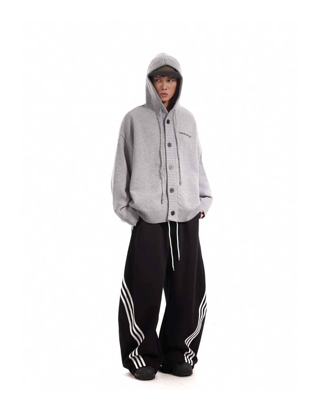 11KN x BTSG three-bar striped draped scimitar sweatpants