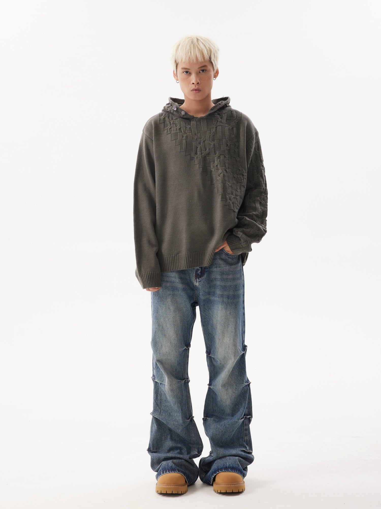 BTSG pleated wash blue bootcut jeans