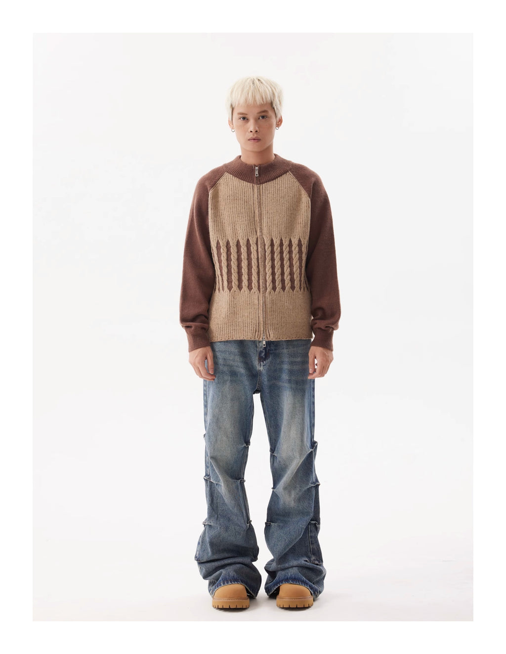 BTSG pleated wash blue bootcut jeans