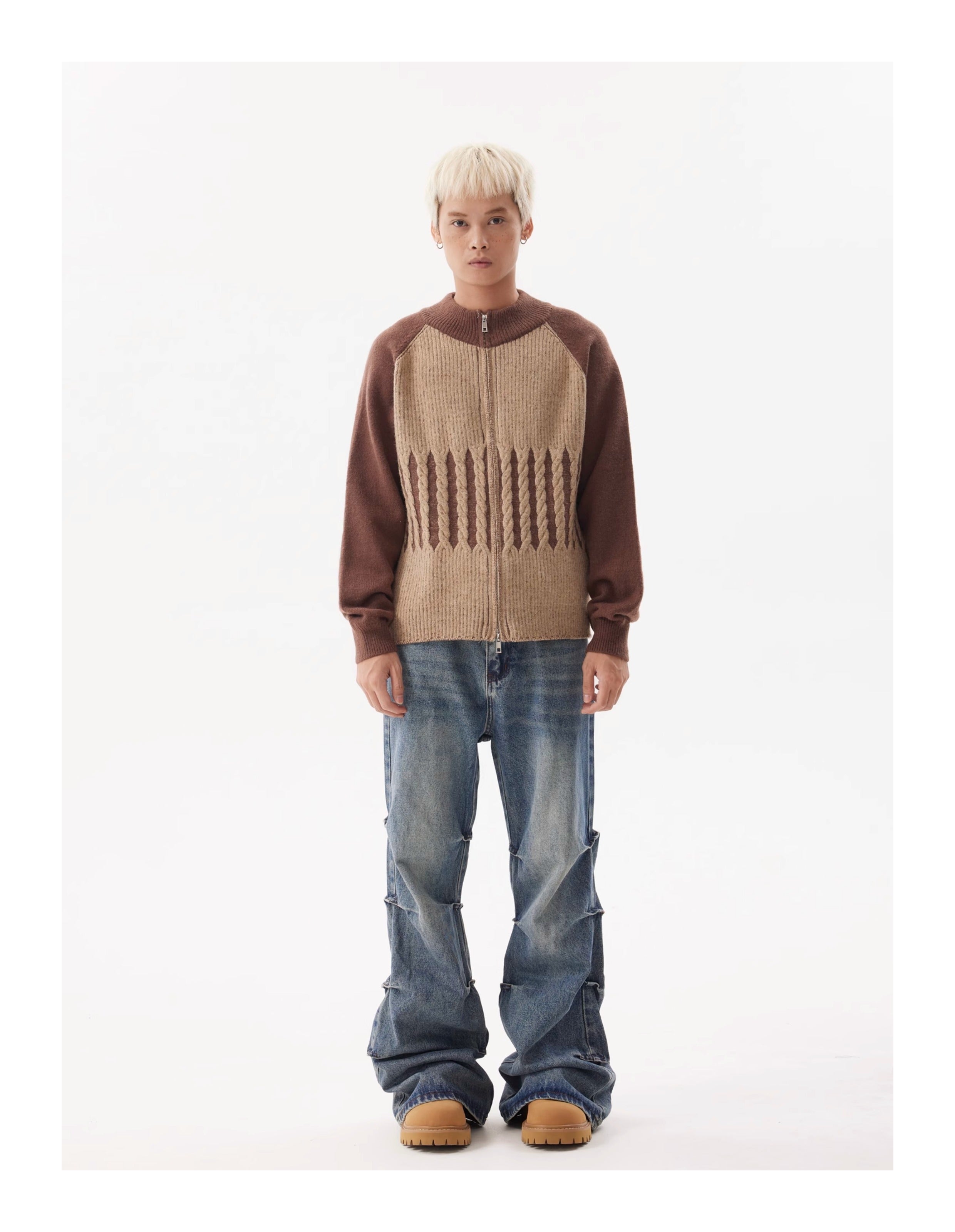 BTSG pleated wash blue bootcut jeans