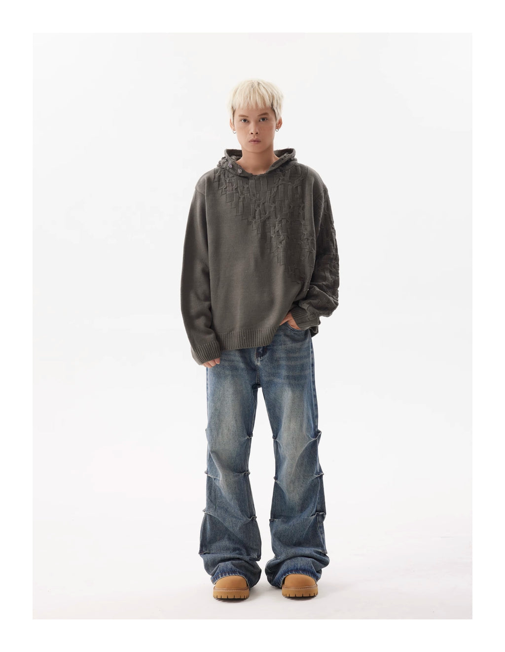 BTSG pleated wash blue bootcut jeans
