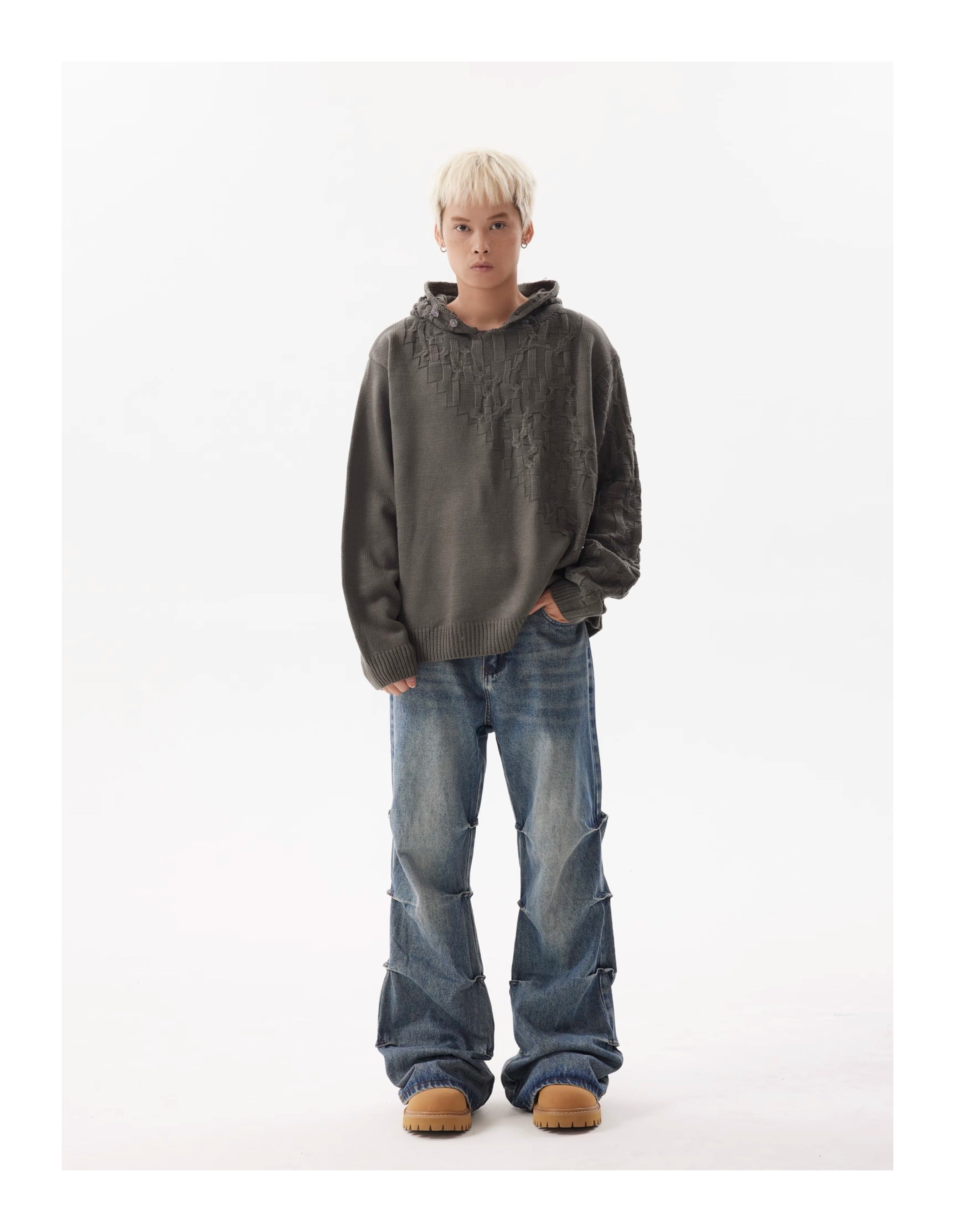 BTSG pleated wash blue bootcut jeans