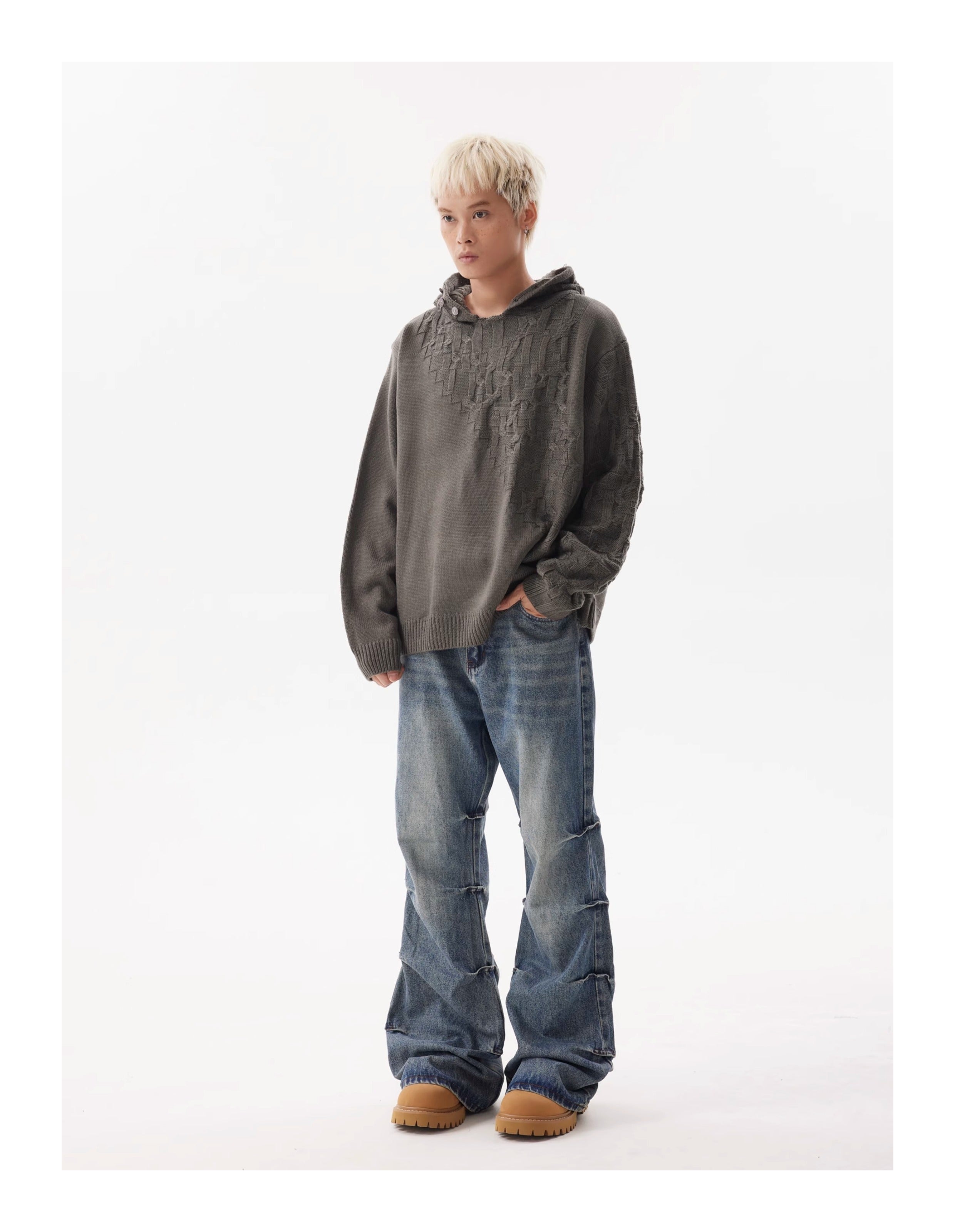 BTSG pleated wash blue bootcut jeans