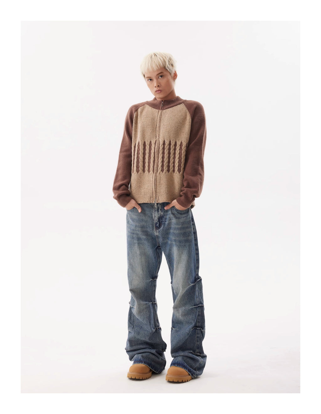 BTSG pleated wash blue bootcut jeans