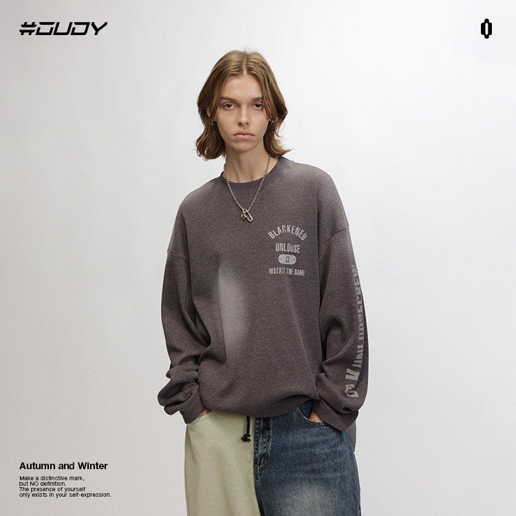OVDY Streetwear Long Sleeve 250g Waffle Fabric Spray Painted Sweatshirt