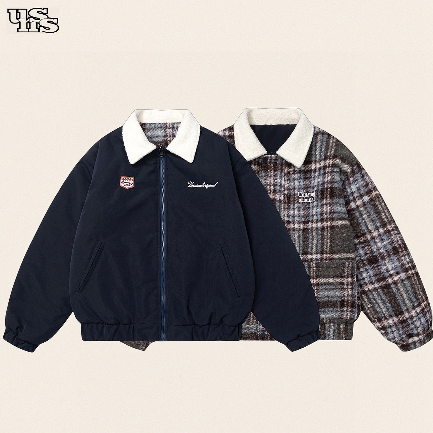 BTSG Unisex reversible woolen cotton lambswool loose padded jacket