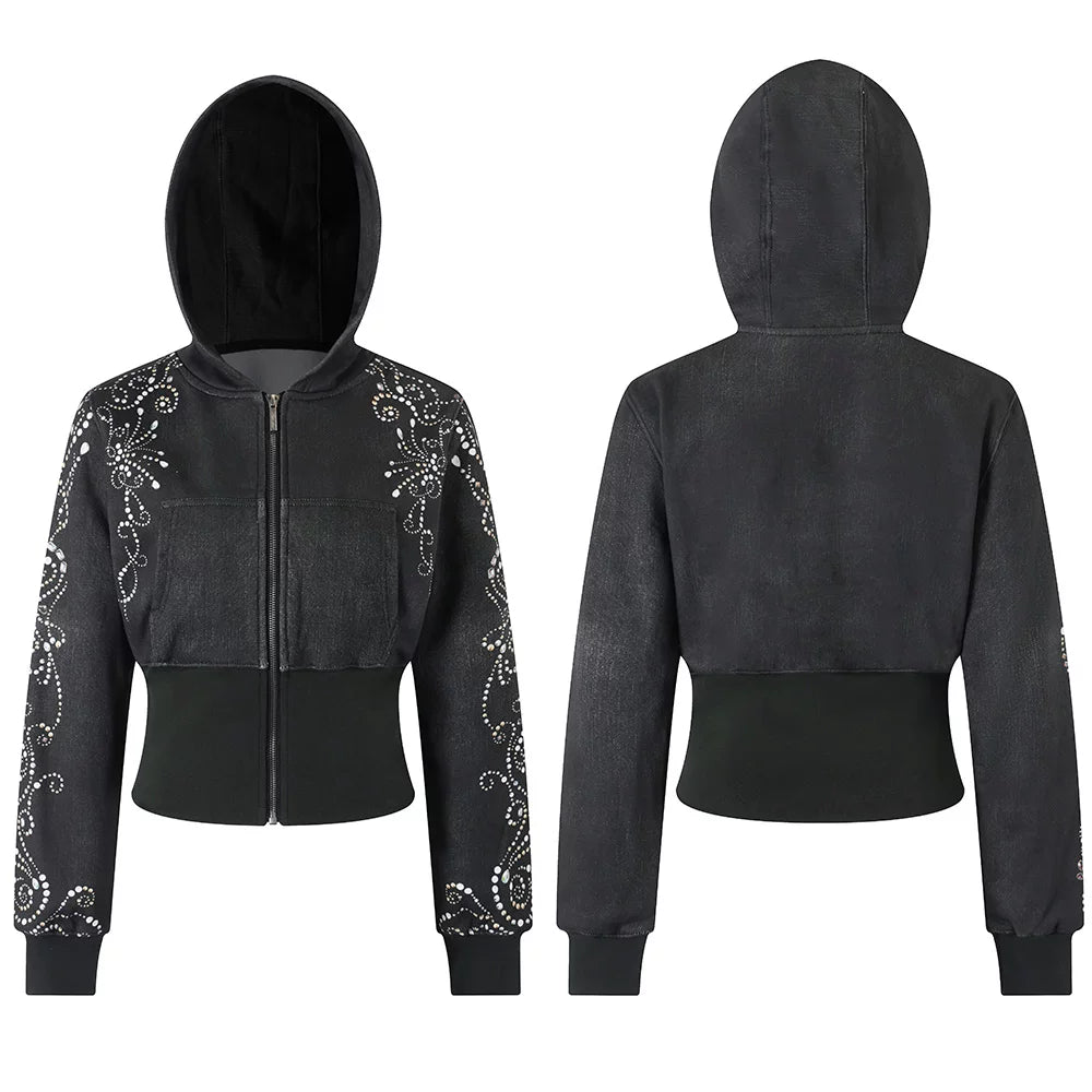 FayChui Gem Floral Ribbed Cropped Hoodie
