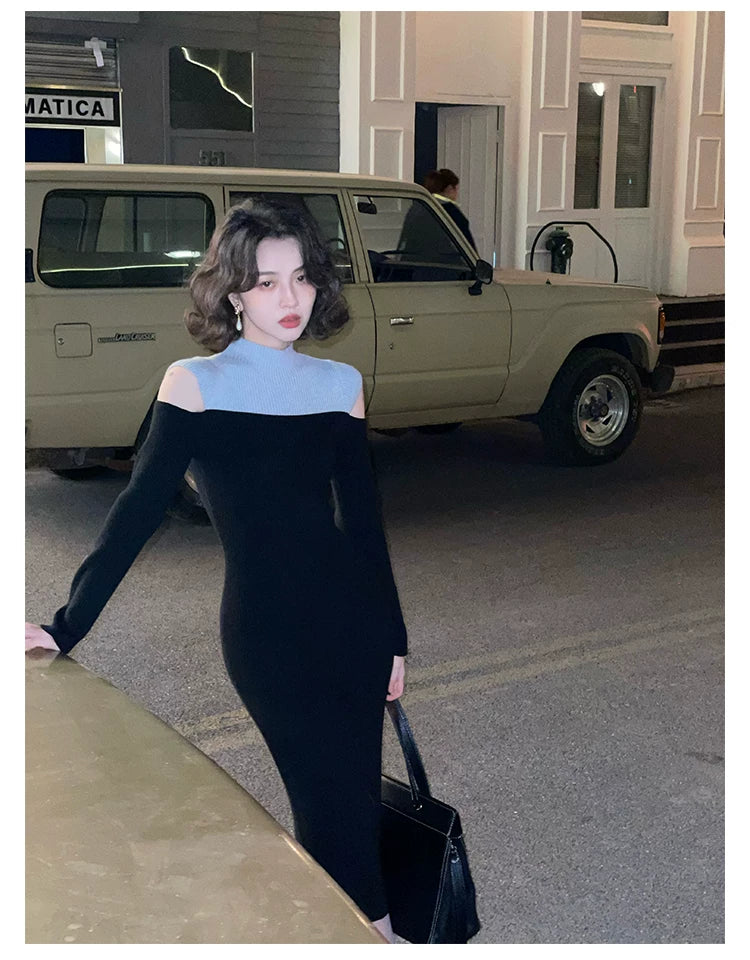 KELIFAN Semi-high-neck Waist Off-the-shoulder Knitted Dress