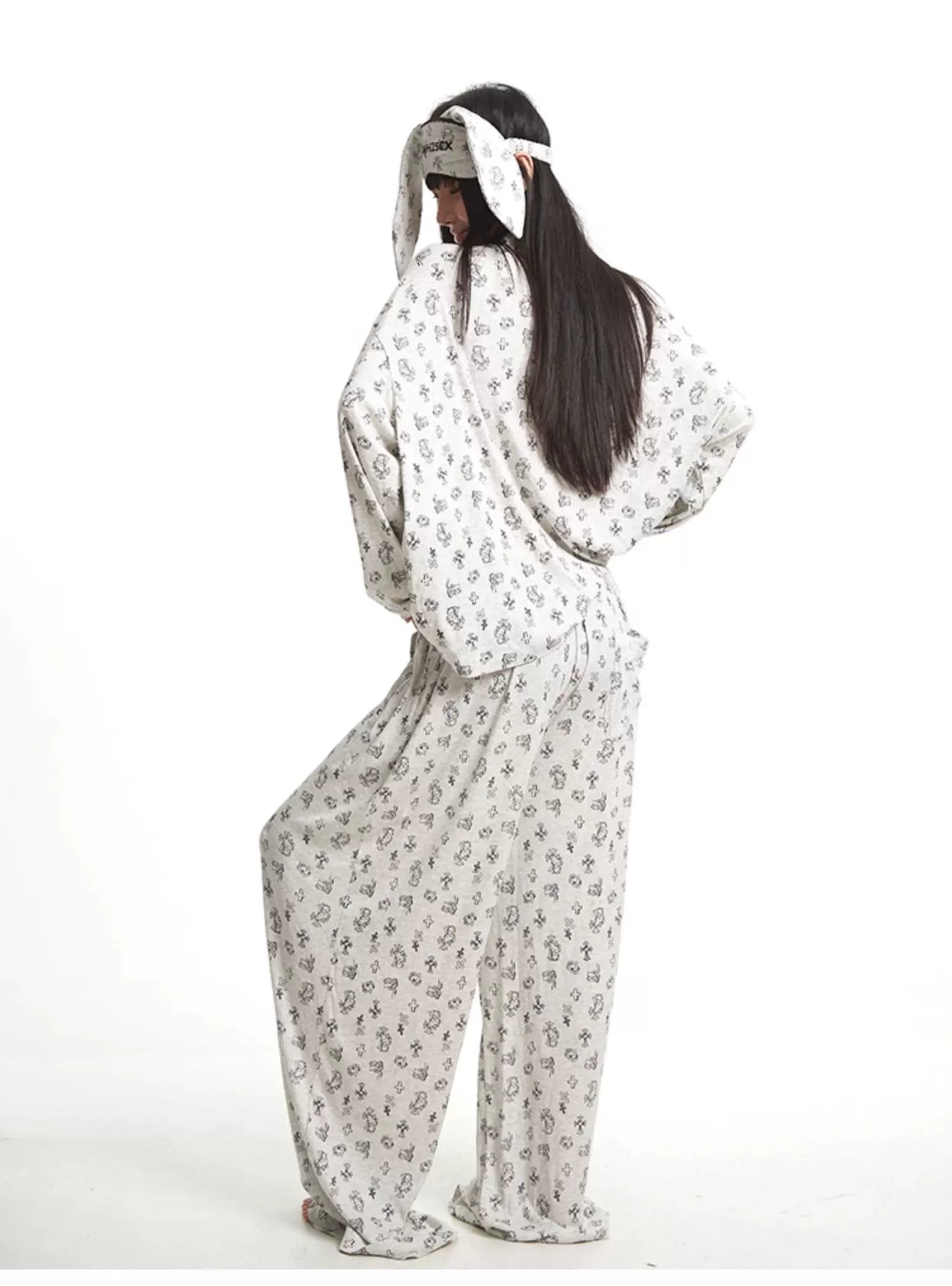UNCMHISEX Hellokitty Printed Loose Lapel Long-sleeved Pajamas Three-piece Set
