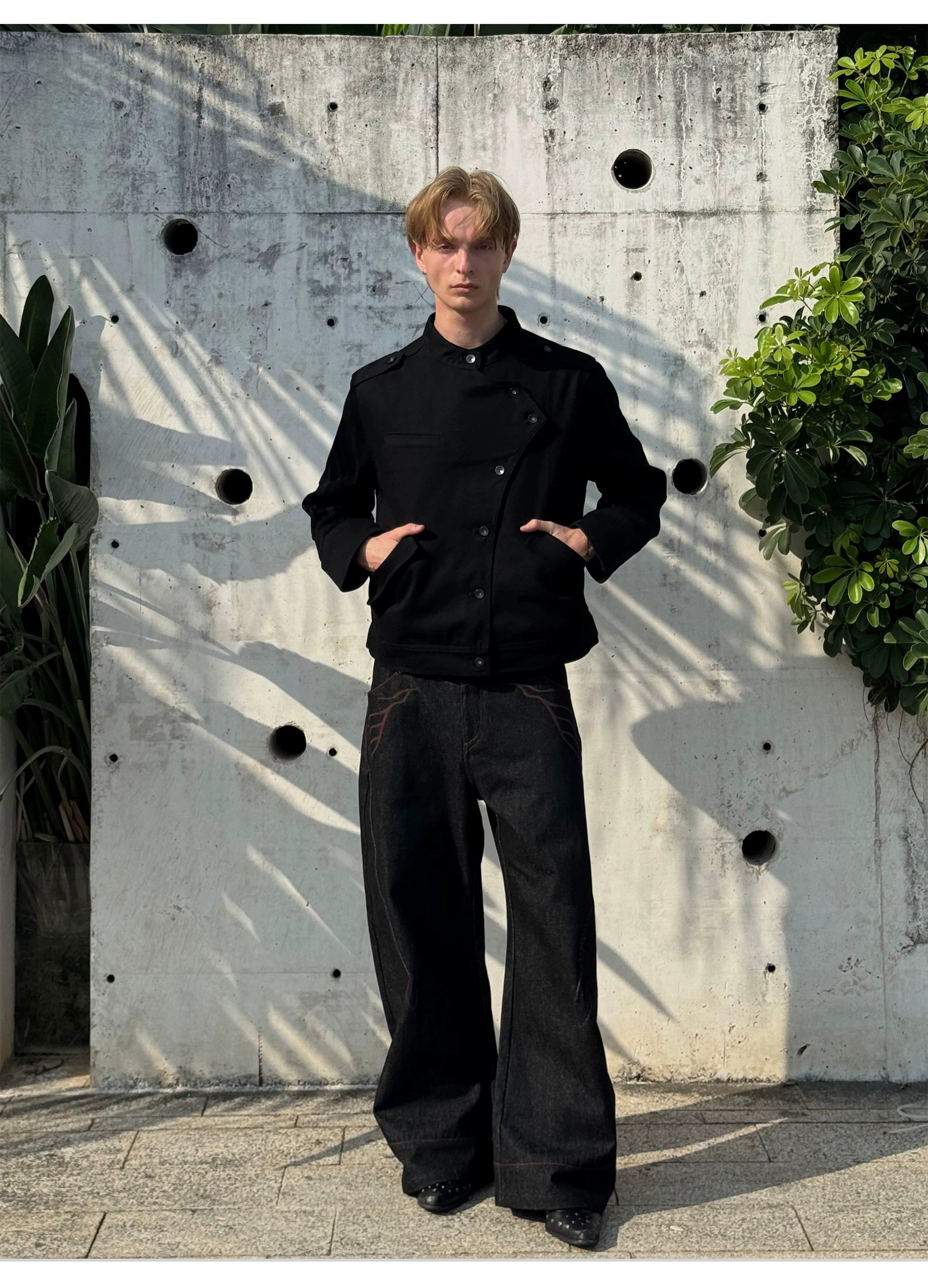 Esaias Stand-up Collar Slanted Placket Denim Jacket