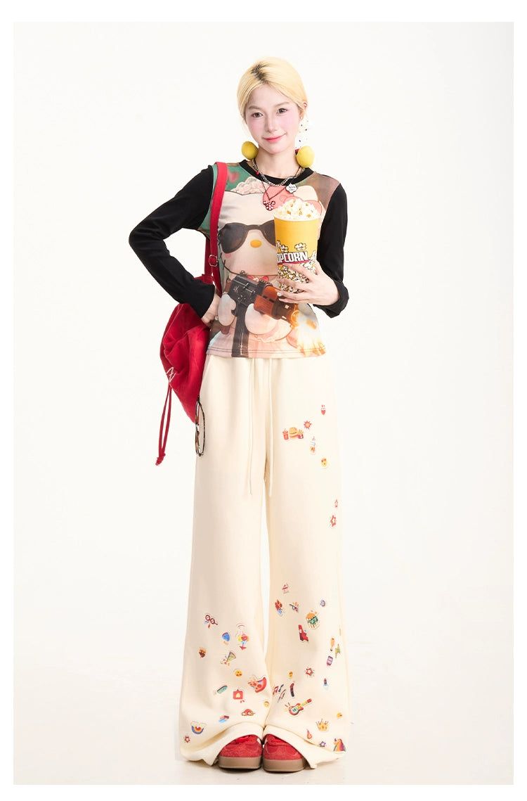 Kenvibe Fun Print Lazy Loose Drawstring Casual Straight Pants