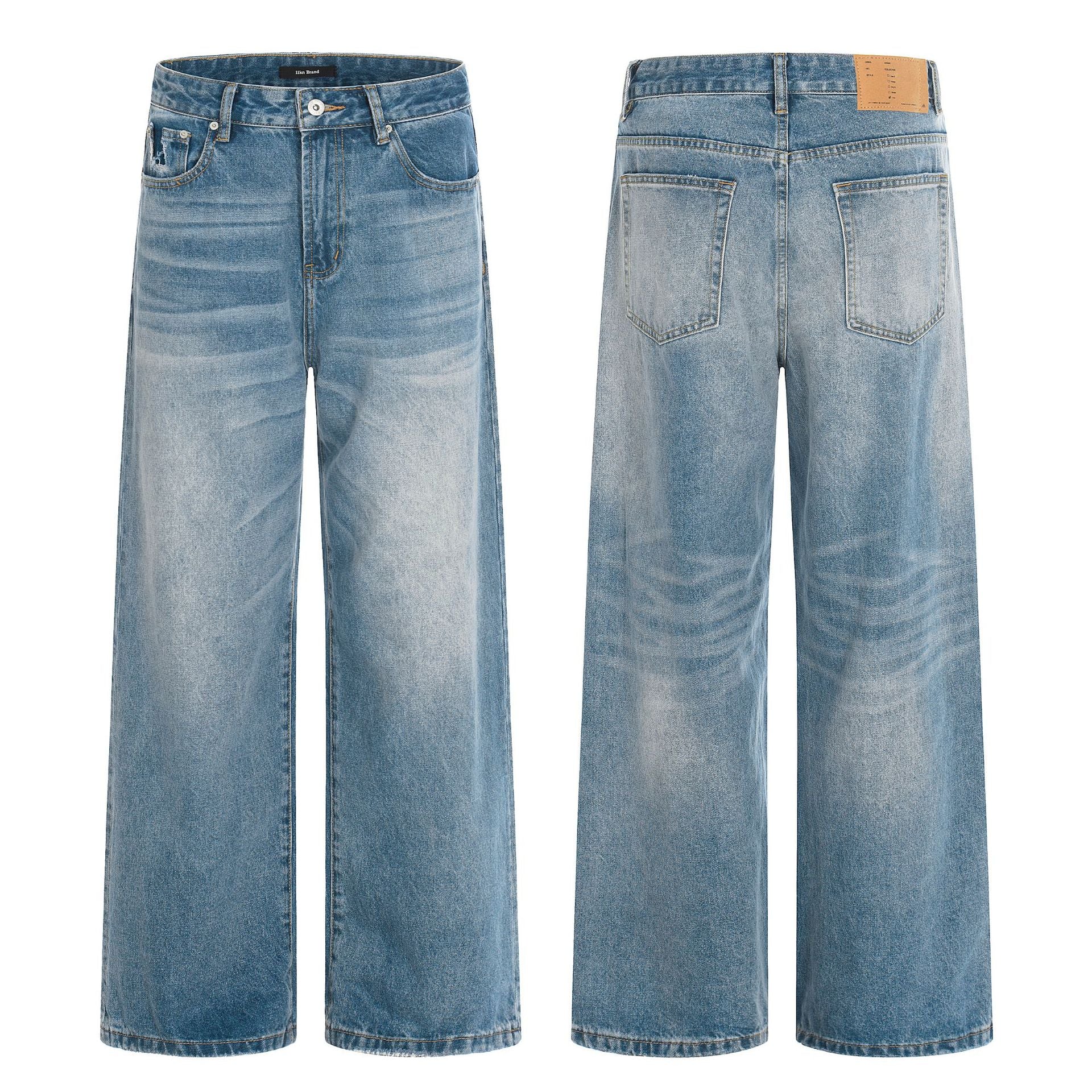 11KN retro washed blue straight wide-leg jeans pants