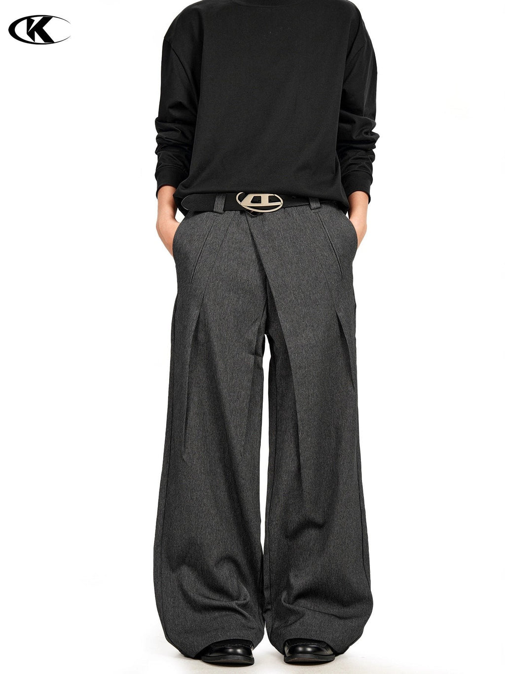 11KN Retro Three-dimensional Pleated Diagonal Placket Casual Trousers