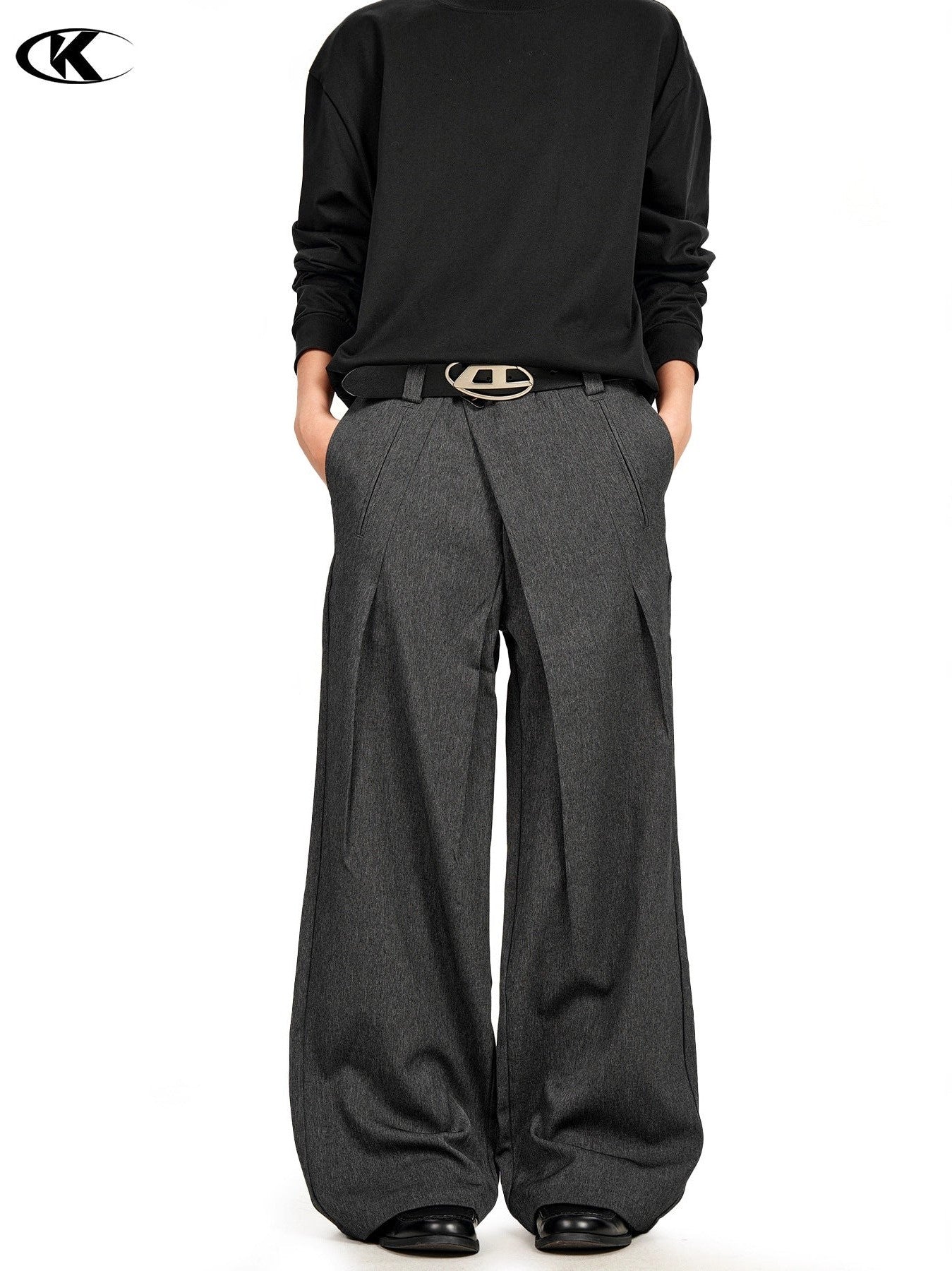 11KN Retro Three-dimensional Pleated Diagonal Placket Casual Trousers