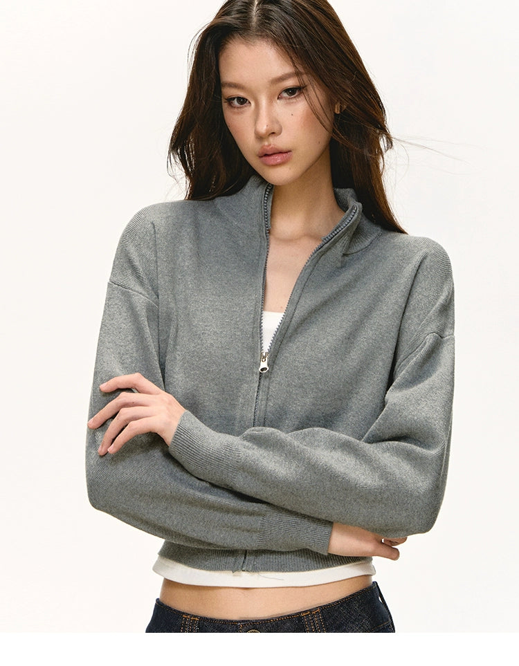 Anna Aneae Knitted Short Stand-up Neck Zip-up Jacket