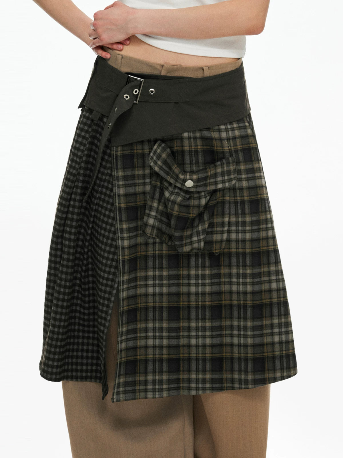 TGNS Patchwork Plaid Low-Rise A-Line Midi Skirt