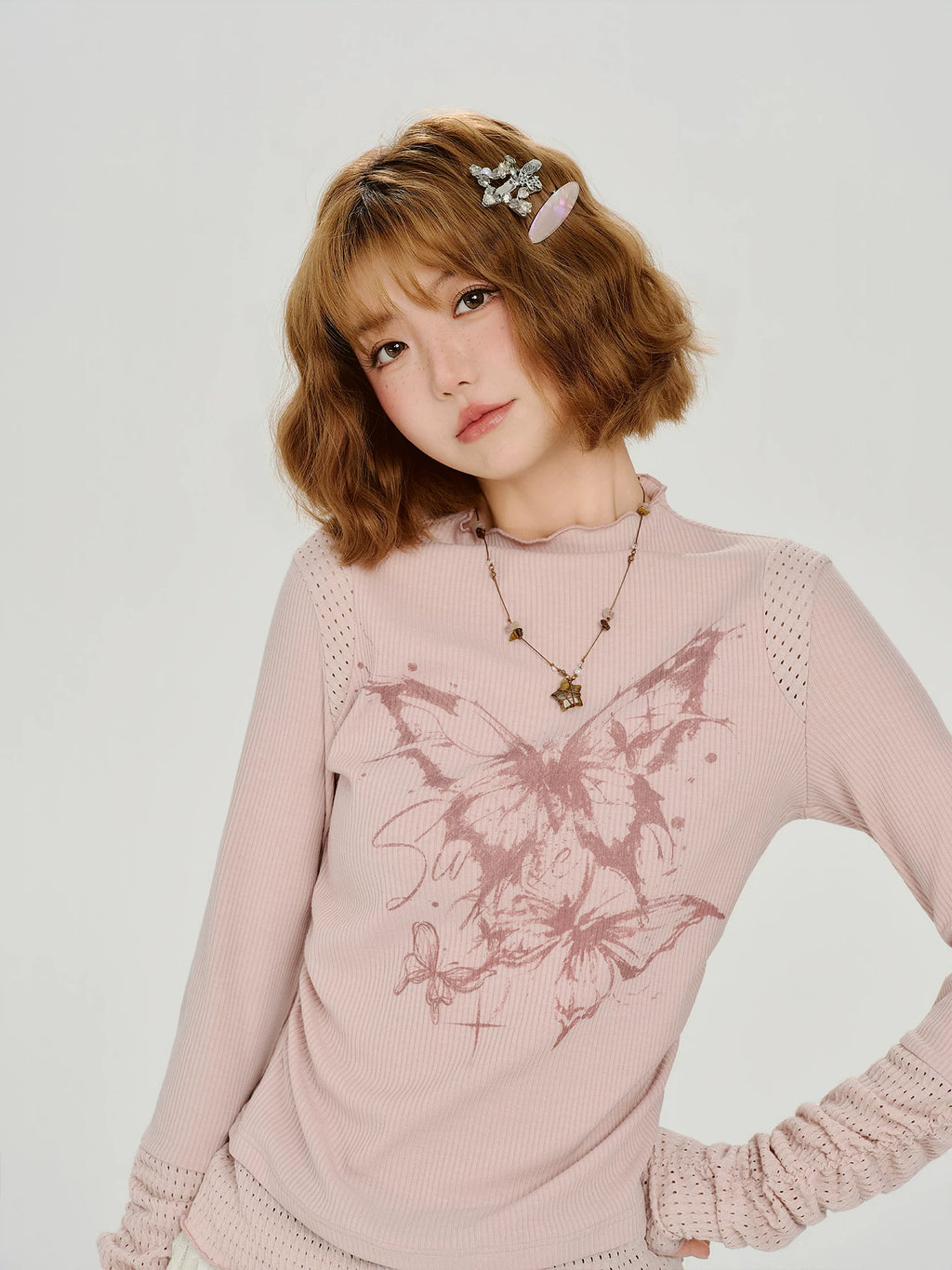 Girlyhalo American Vintage Hollow-Out Print Long-Sleeve T-Shirt