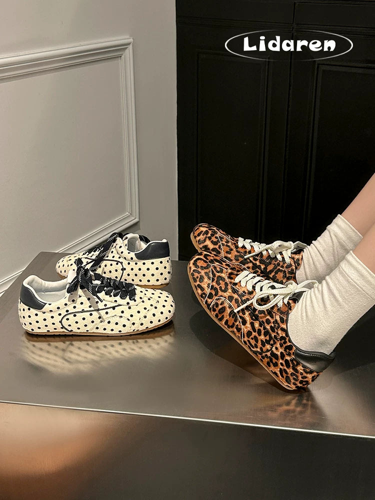 Lidaren Produced Leopard Print Leather Lace-Up Ballet Flat