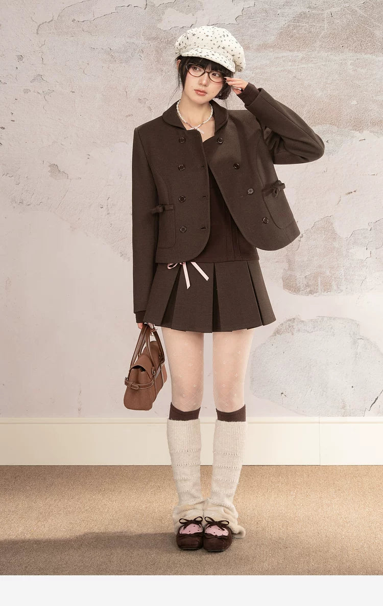 HEYNEW Maillard College Style Coat Pleated Skirt