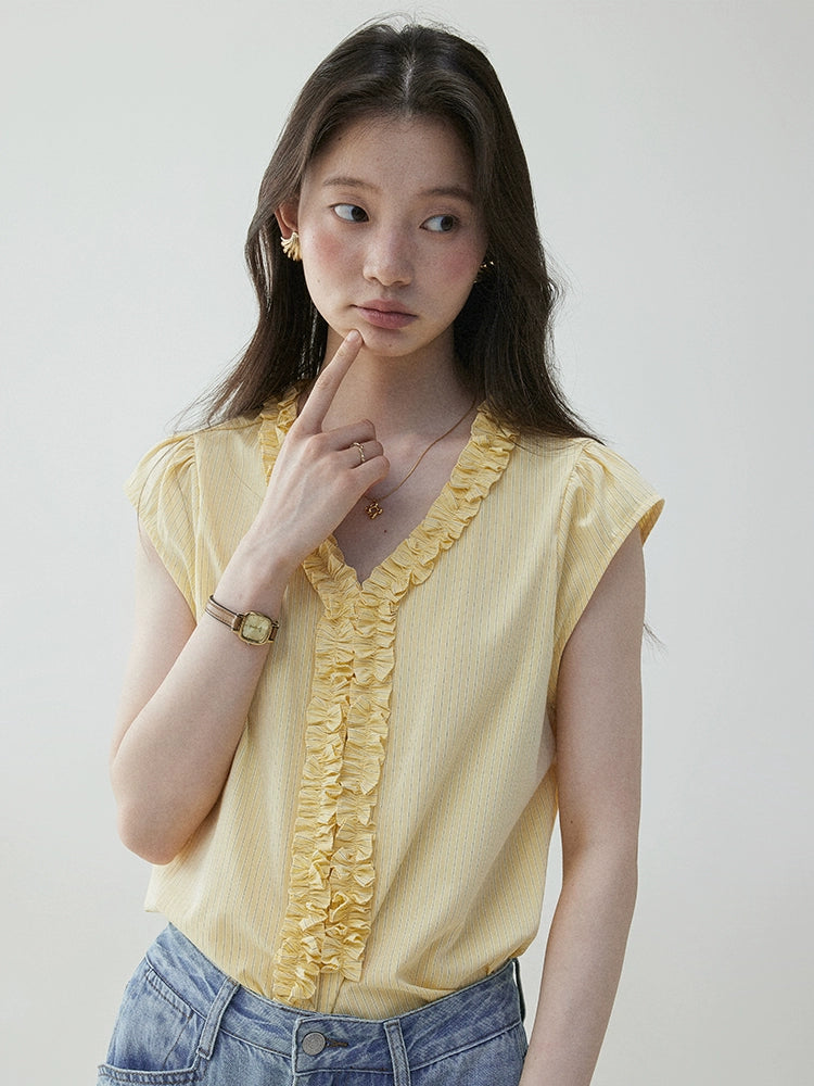VOOE Fungus Edge V-Neck Striped Small Flying Sleeve Shirt