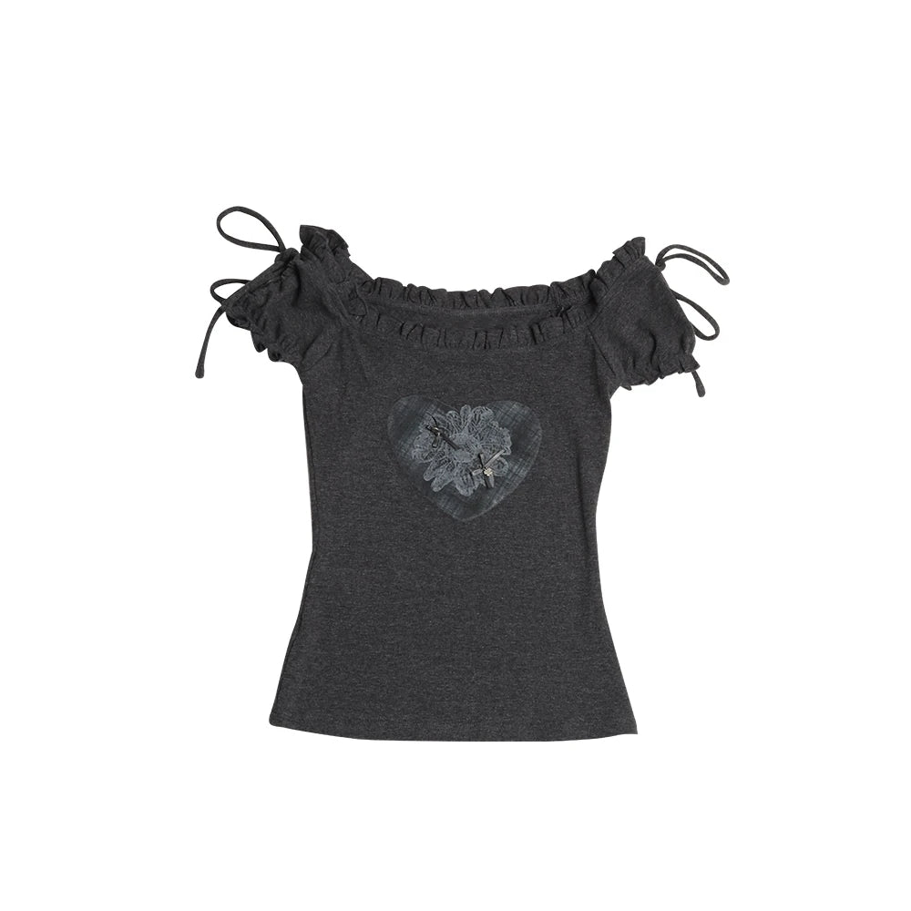 Two days off lab Heart Print Off-Shoulder Cropped Tee