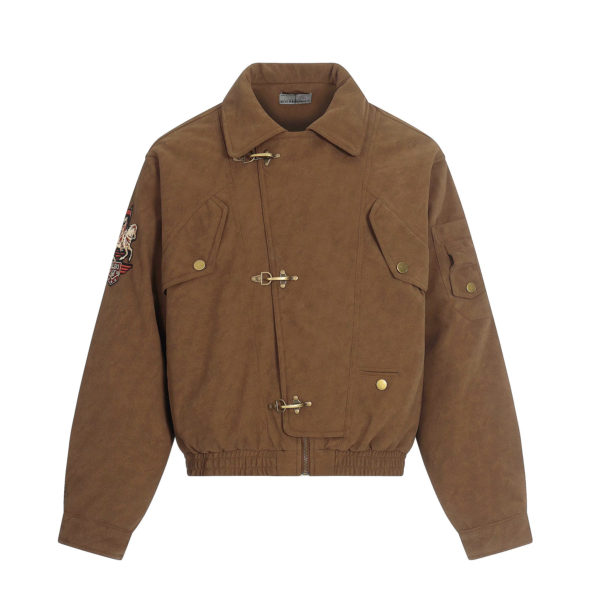 NOMANIAI Matte Textured PU Leather Embroidered Lapel Jacket