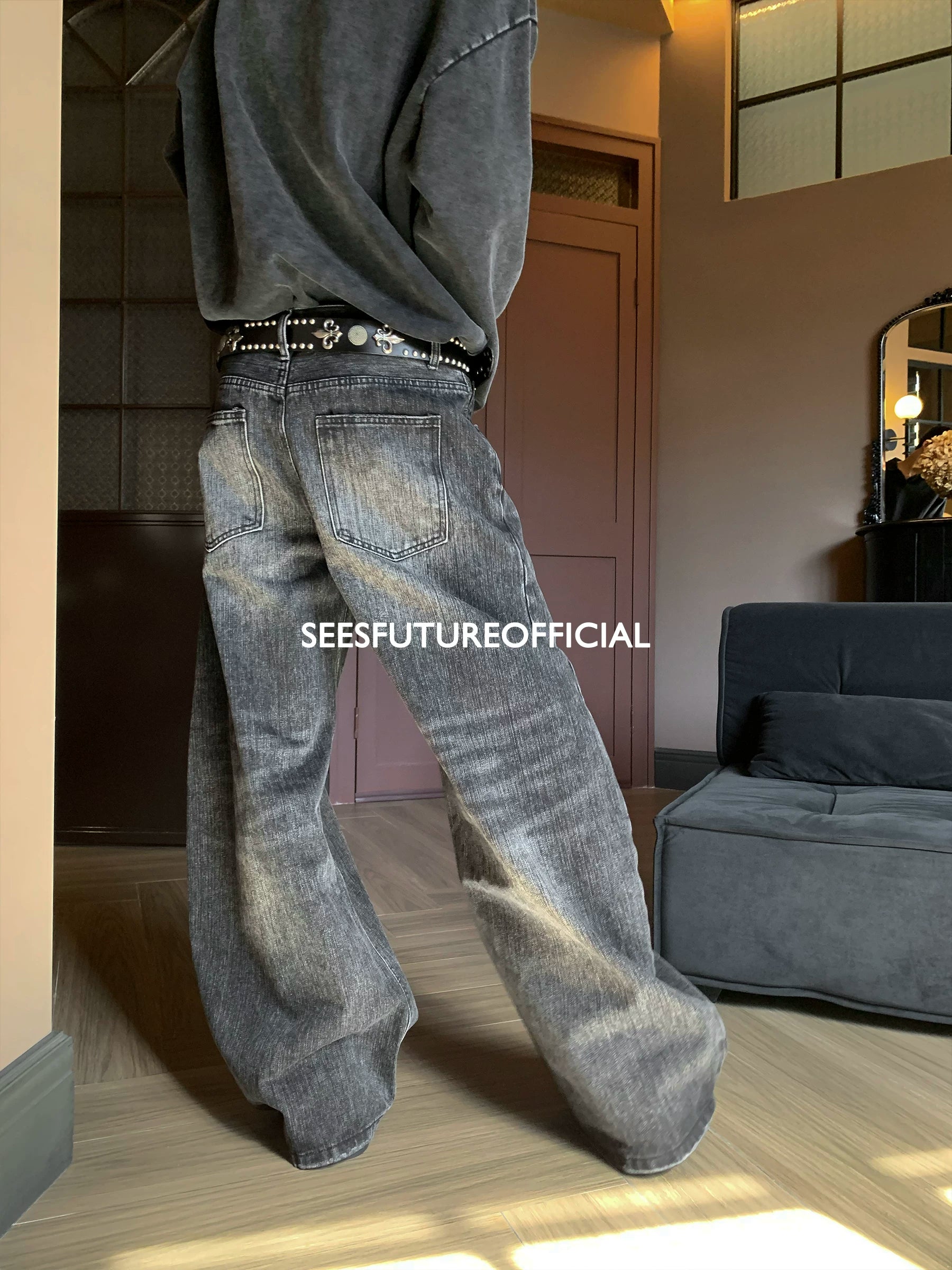 Seesfuture Cat Beard White Loose Wide Leg Jeans