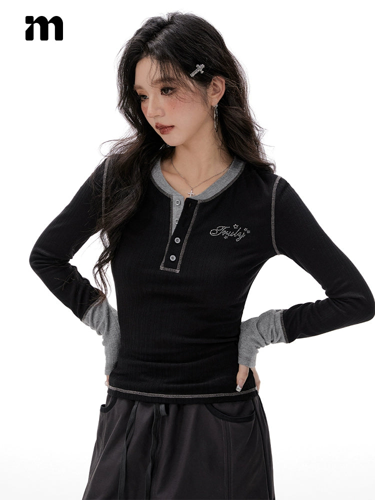 Imone Retro Letter Hot Diamond Contrasting Fake Two Long Sleeves
