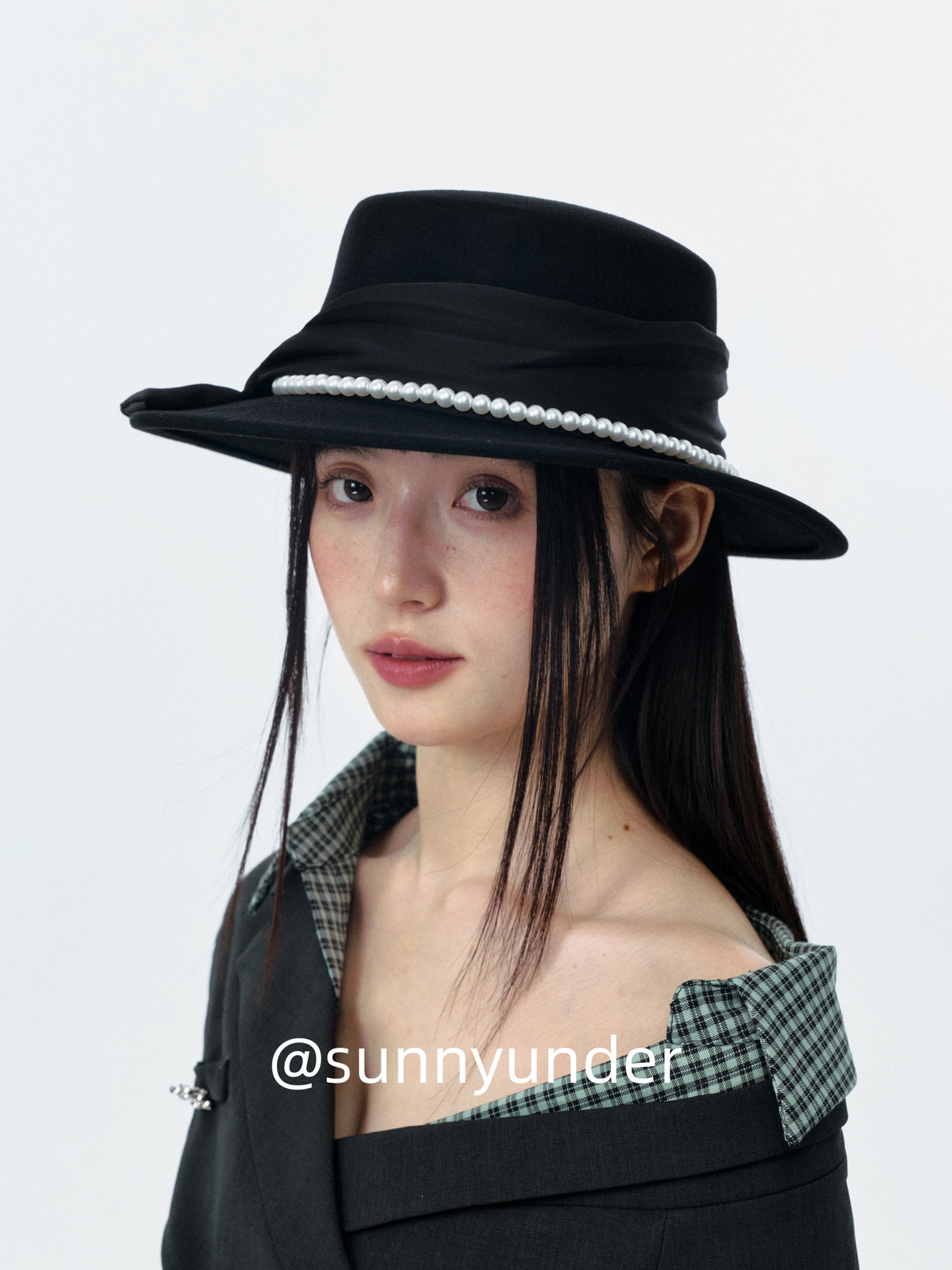 Sunnyunder Elegant Bead Strap Bow Wool Flat Top Hat