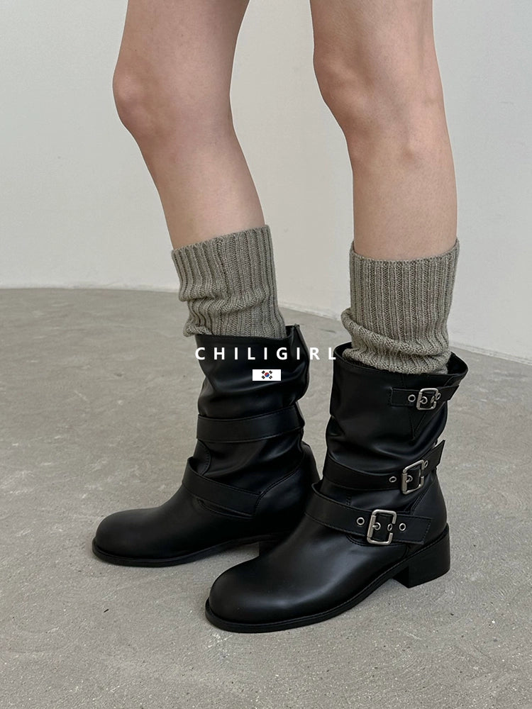 CHILIGIRL Soft Leather Belt Buckle Versatile Coarse Heel Sleeve Boots
