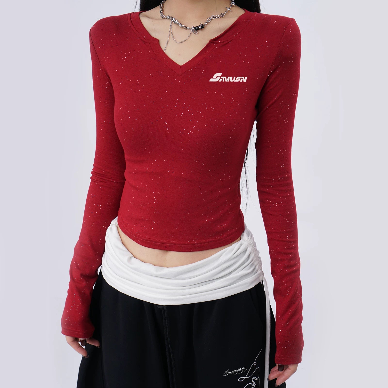 SAMUSAN Rose-embroidered Wide-leg Cargo Pants