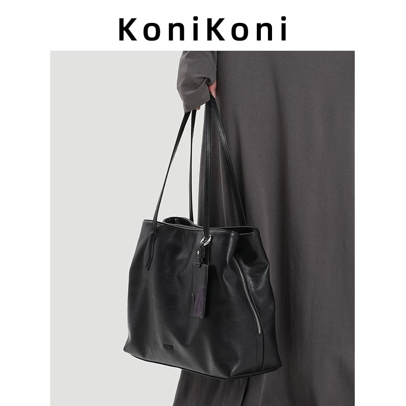 KoniKoni Leather Niche Large Capacity Shoulder Bag Underarm Bag