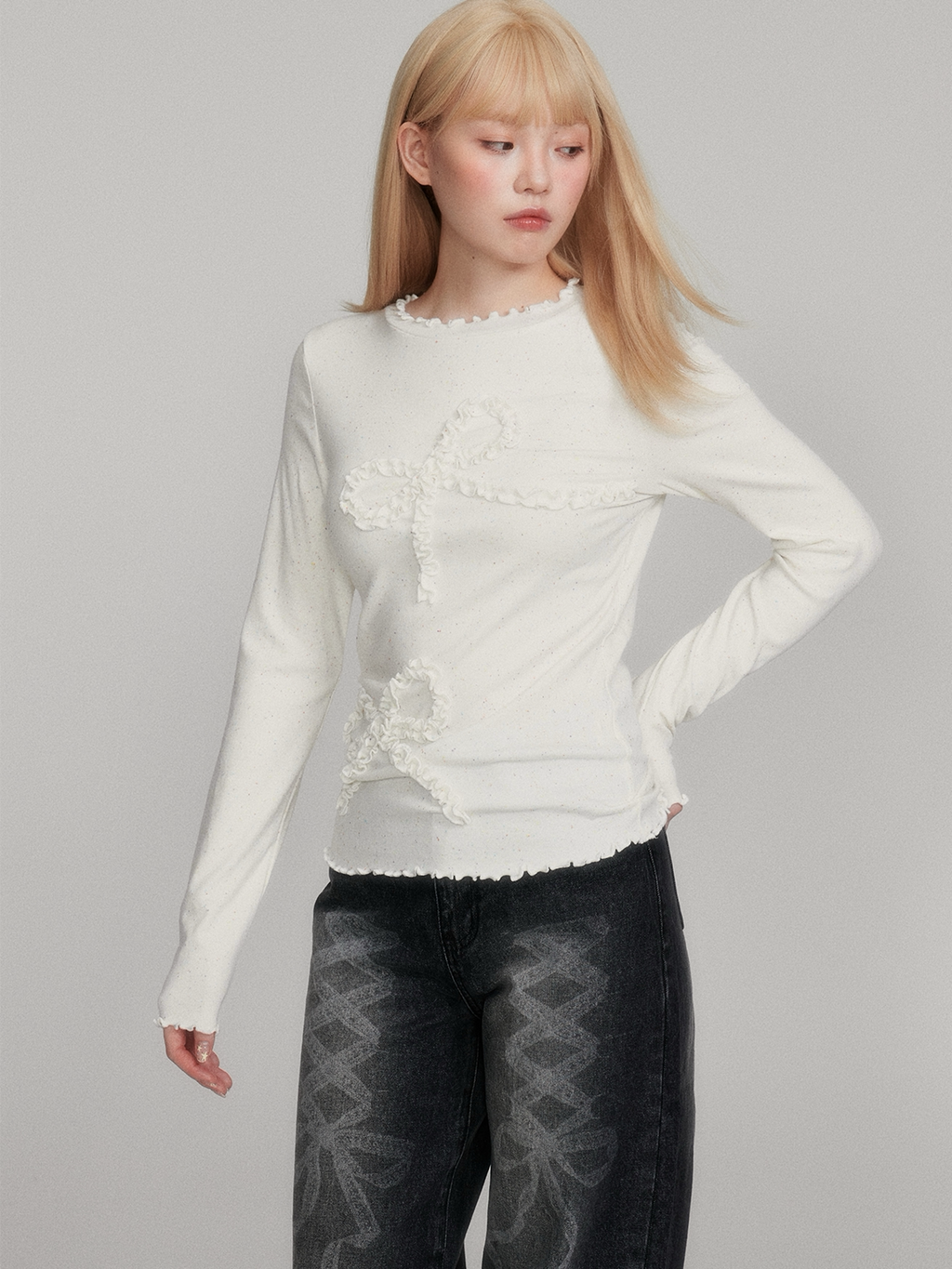 LOST FOREST Color Dot Bow Warm Long Sleeve
